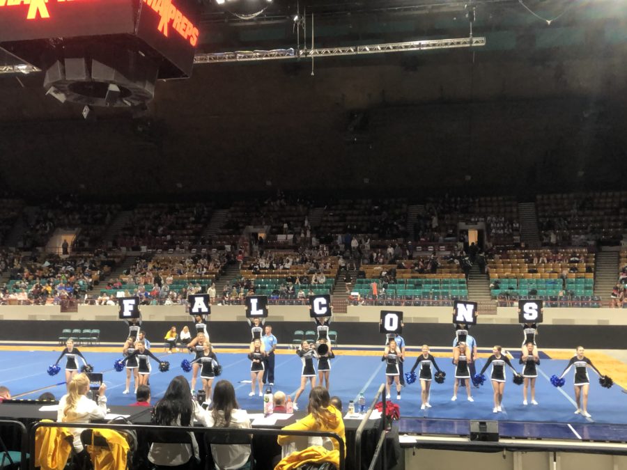 The+Falcons+Cheer+team+performs+their+routine+at+state.+